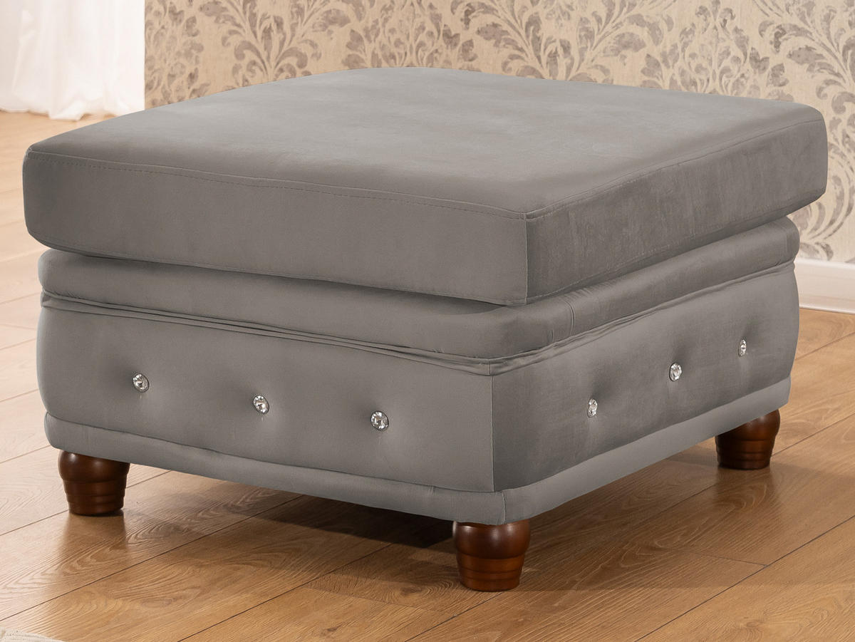 HOCKER Chesterfield Cleo Blink Grau Samt mit Kristallsteppung und braunen Massivholzfüßen - Braun/Grau, Holz/Textil (75/45/70cm) - S-Style Möbel