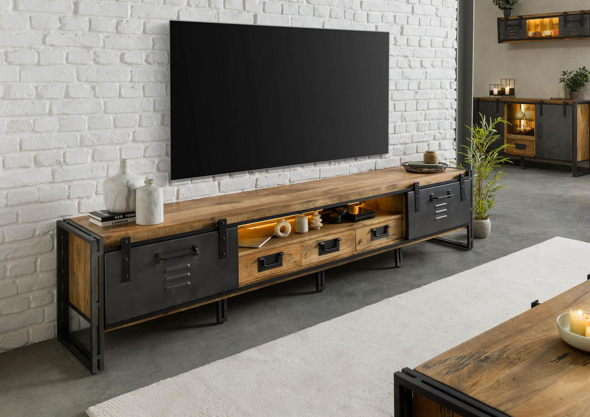 TV-BOARD Mango / Altholz 260x45x55 natur / grau lackiert / Metall grau BLACKBURN LUX #554 - Naturfarben, Holz (260/55/45cm) - Massivmoebel24