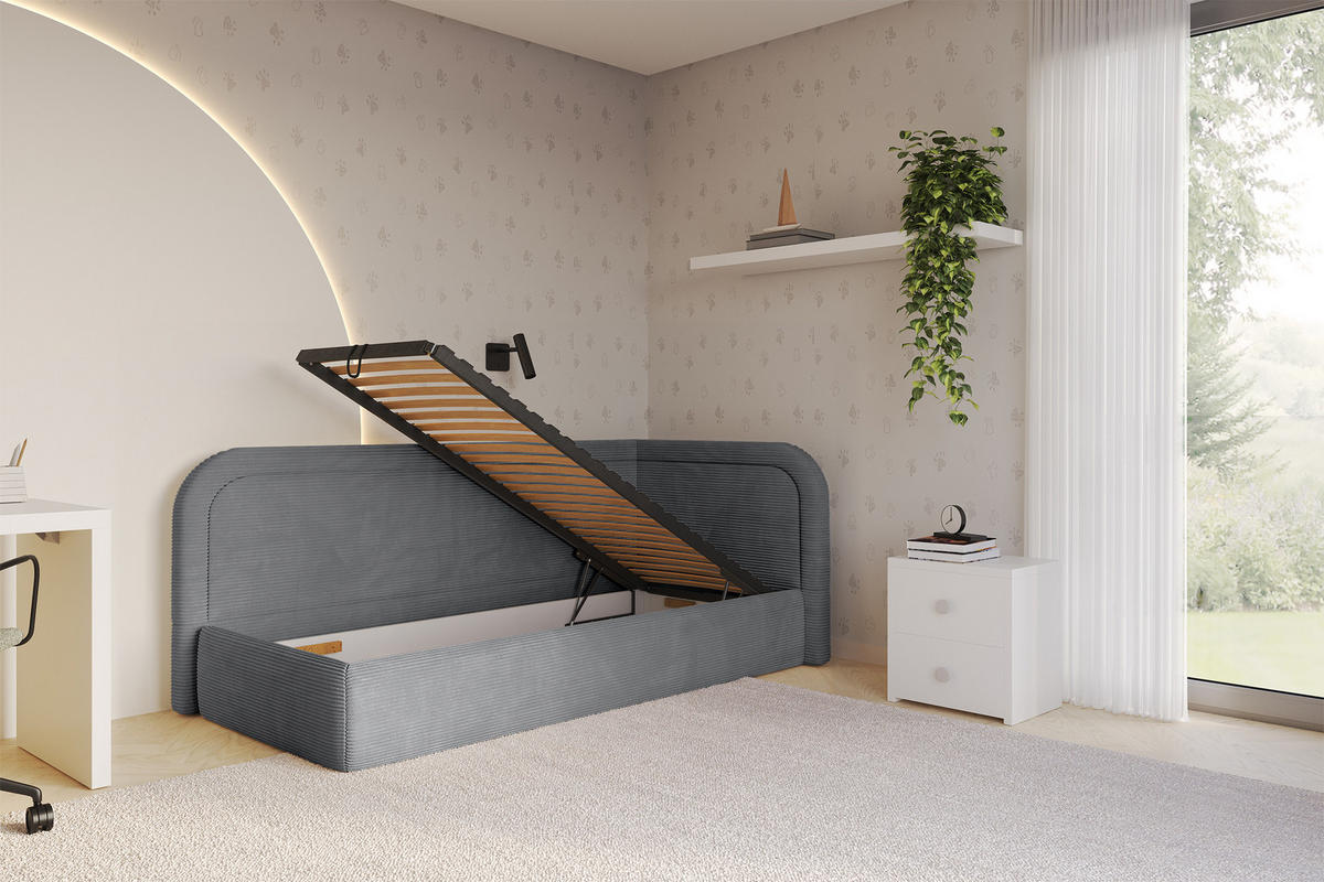 EINZELLBETT Jugendbett mit Bettkasten, Links - JOVY 80x200 Dunkelgrau - Graphitfarben, Holzwerkstoff/Textil (80/200cm) - ALTDECOR