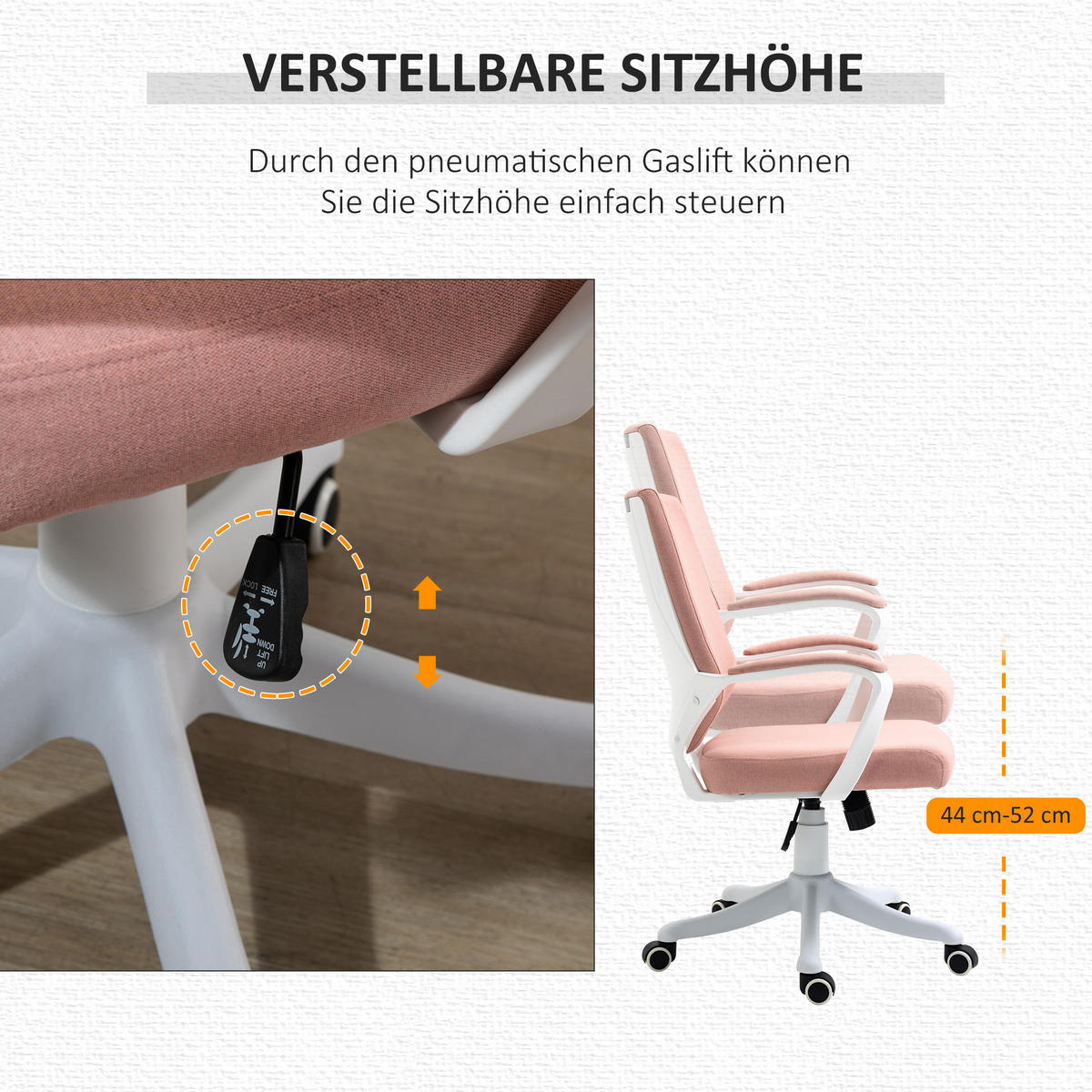 BÜROSTUHL, Polyester, Nylon, Rosa+Weiß - Hellrosa, Kunststoff (69/100/62cm) - Vinsetto