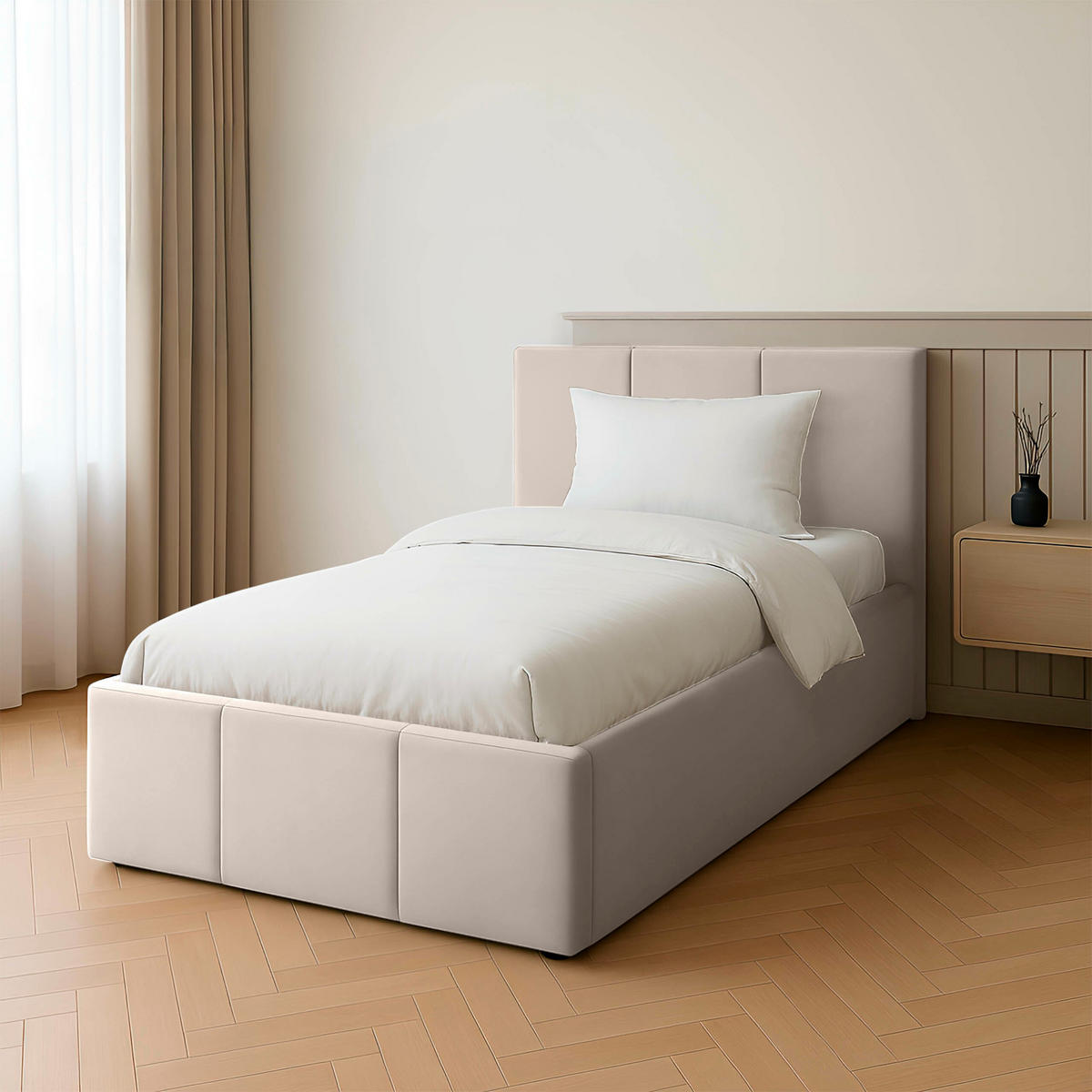 POLSTERBETT für Schlafzimmer Bett mit Stauraum Creme 90x200cm Kopfteil 120cm - Weiß, Holzwerkstoff/Metall (90/200cm) - Muralo