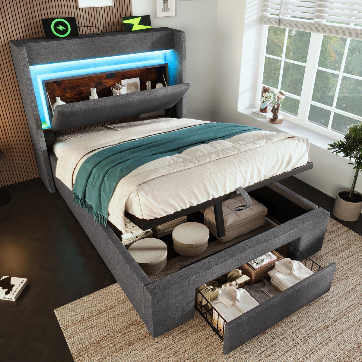 POLSTERBETT 90/200 cm mit LED-Beleuchtung, USB- und USB-C-Anschluss, Stauraum und Schublade und Matratze, Leinen, Grau - Grau, Textil (90/200cm) - Redom