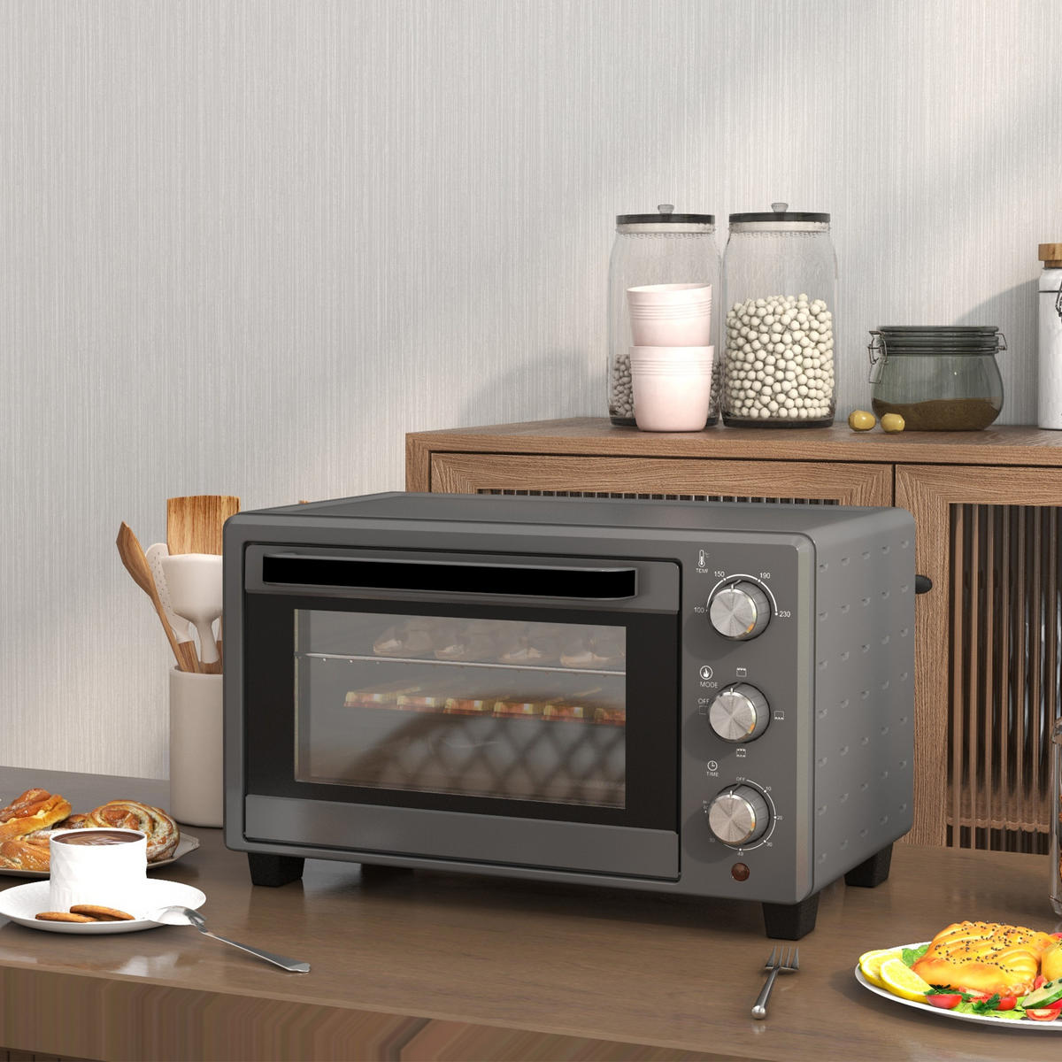 MINIBACKOFEN 21L 1400W Mini Ofen mit Backblech & Grillrost, 60 Min. Timer, Temperatur 100-230°C, Edelstahl, Grau - Grau, Metall (46/28.5/38cm) - Beaface