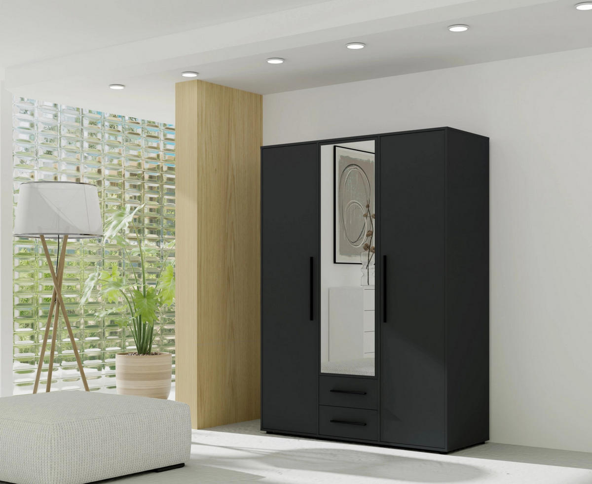 KLEIDERSCHRANK Modena 150cm mit Spiegel Schwarz - Schwarz, Holzwerkstoff/Kunststoff (150/206/59cm) - Ravio