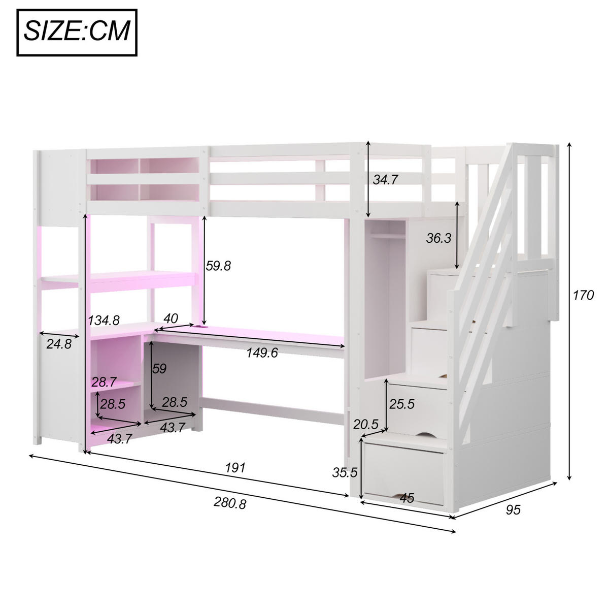 HOCHBETT 90/200 cm mit Schreibtisch, Kleiderschrank, Stauraumtreppe, LED und Steckdose aus , Weiß - Weiß, Holzwerkstoff (90/200cm) - Redom