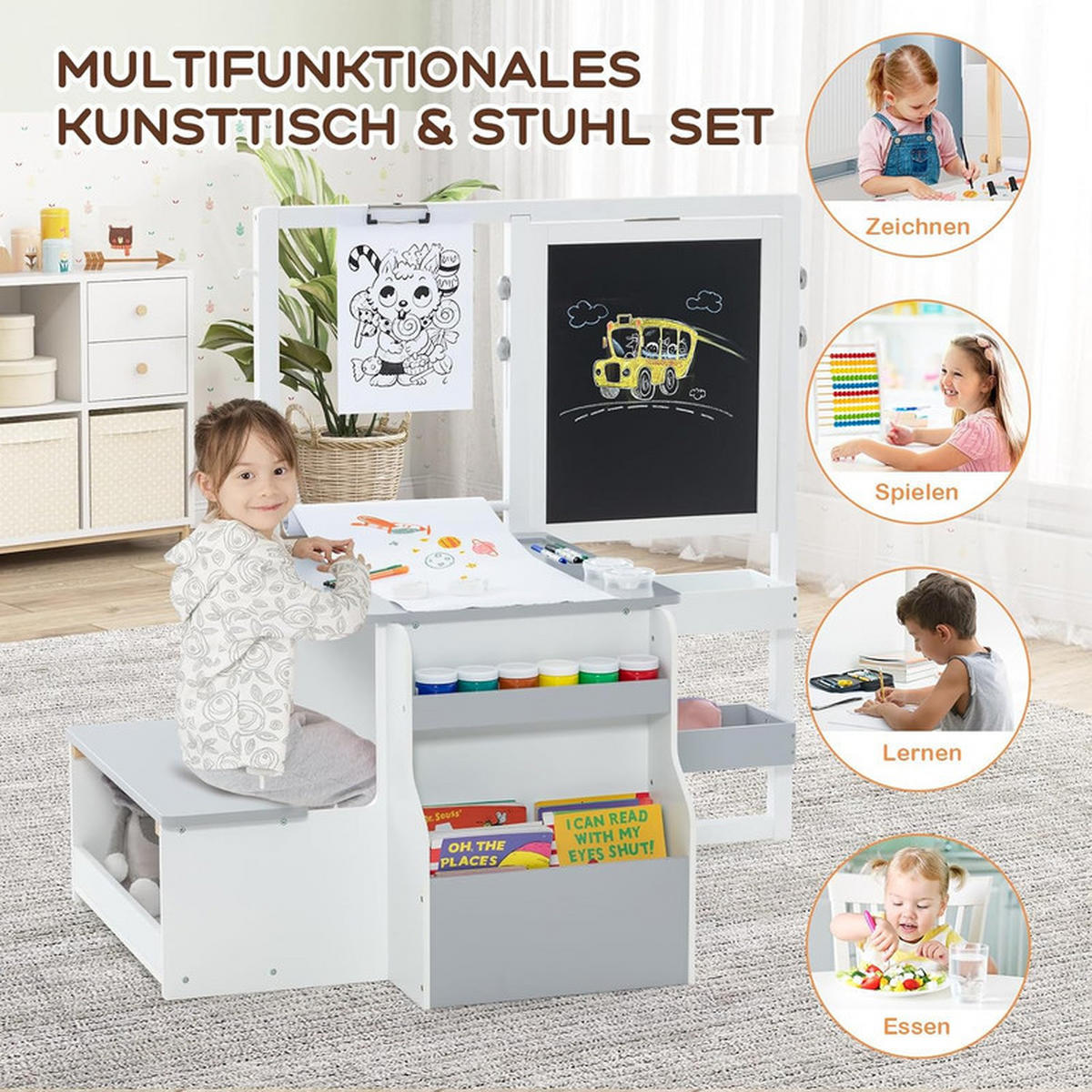 KINDERTISCHGRUPPE aus Holz hellgrau - Hellgrau, Holzwerkstoff (114/100/81cm) - COSTWAY