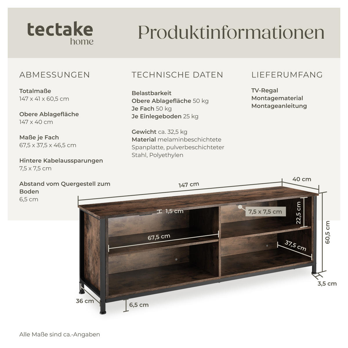TV-ELEMENT Navan,147 x 41 x 60,5 cm,Industrial Holz dunkel, rustikal - Rostfarben, Holzwerkstoff (41/60.5/147cm) - tectake