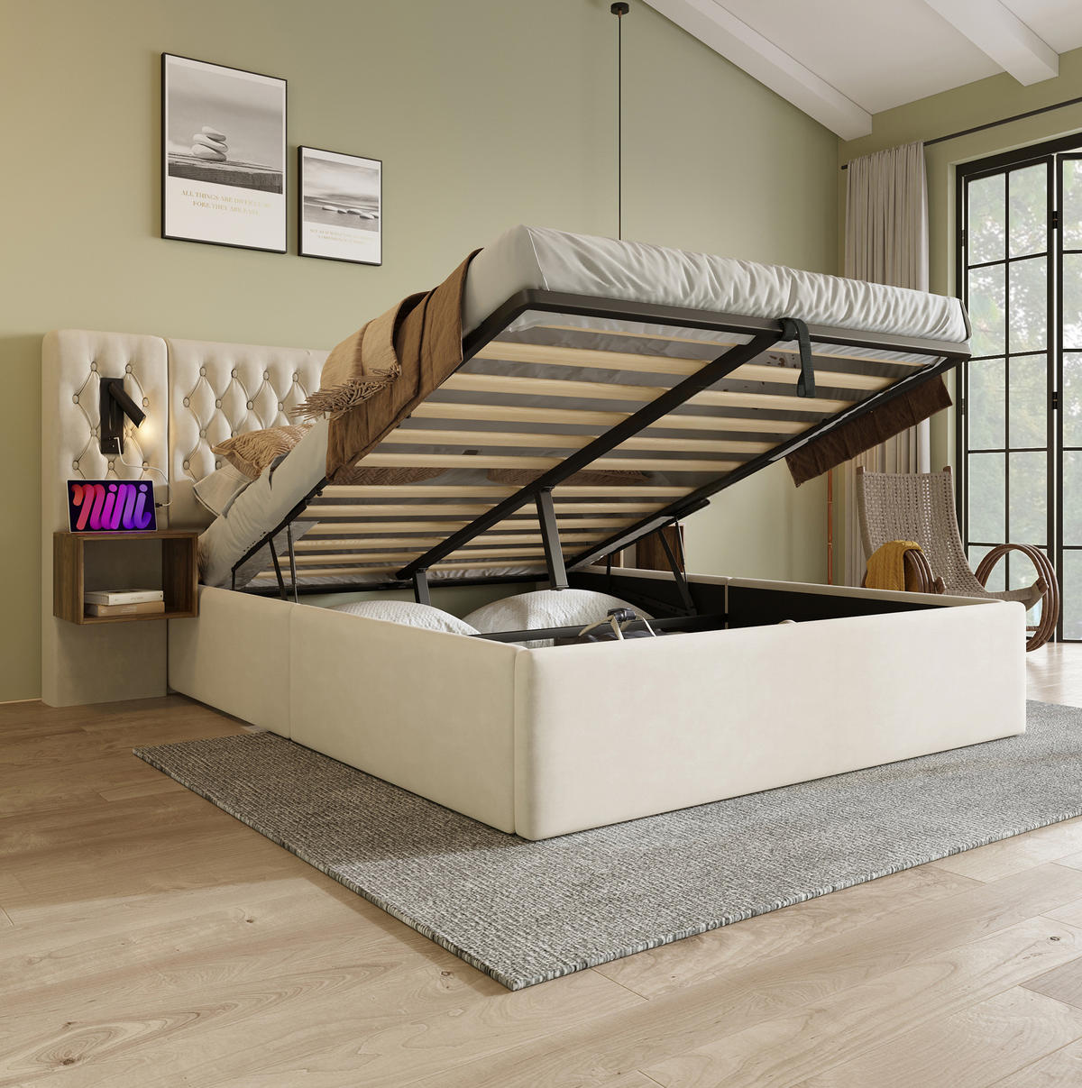 BETTANLAGE mit Stauraum 160x200 cm Samt Beige inkl. 2 Nachttischen - Beige, Metall (160/200cm) - Meubliv