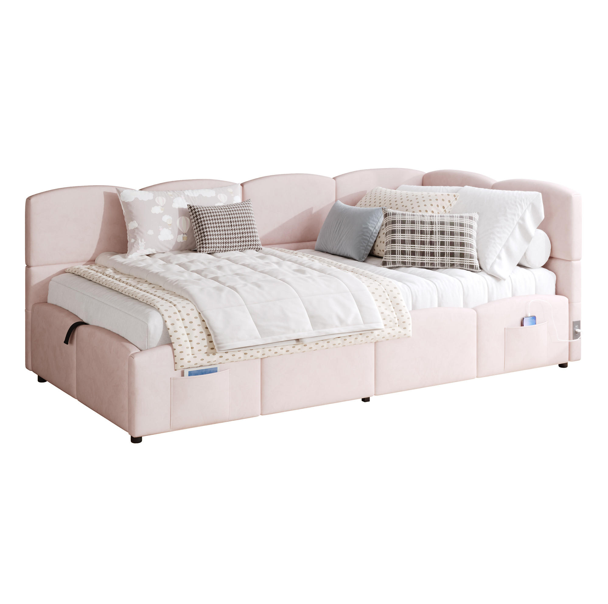 SCHLAFSOFA aus Samt 90x200 cm Rosa mit hydraulischem Stauraum, USB-A- und USB-C-Anschlüssen - Rosa, Textil (90/200cm) - IVMEU