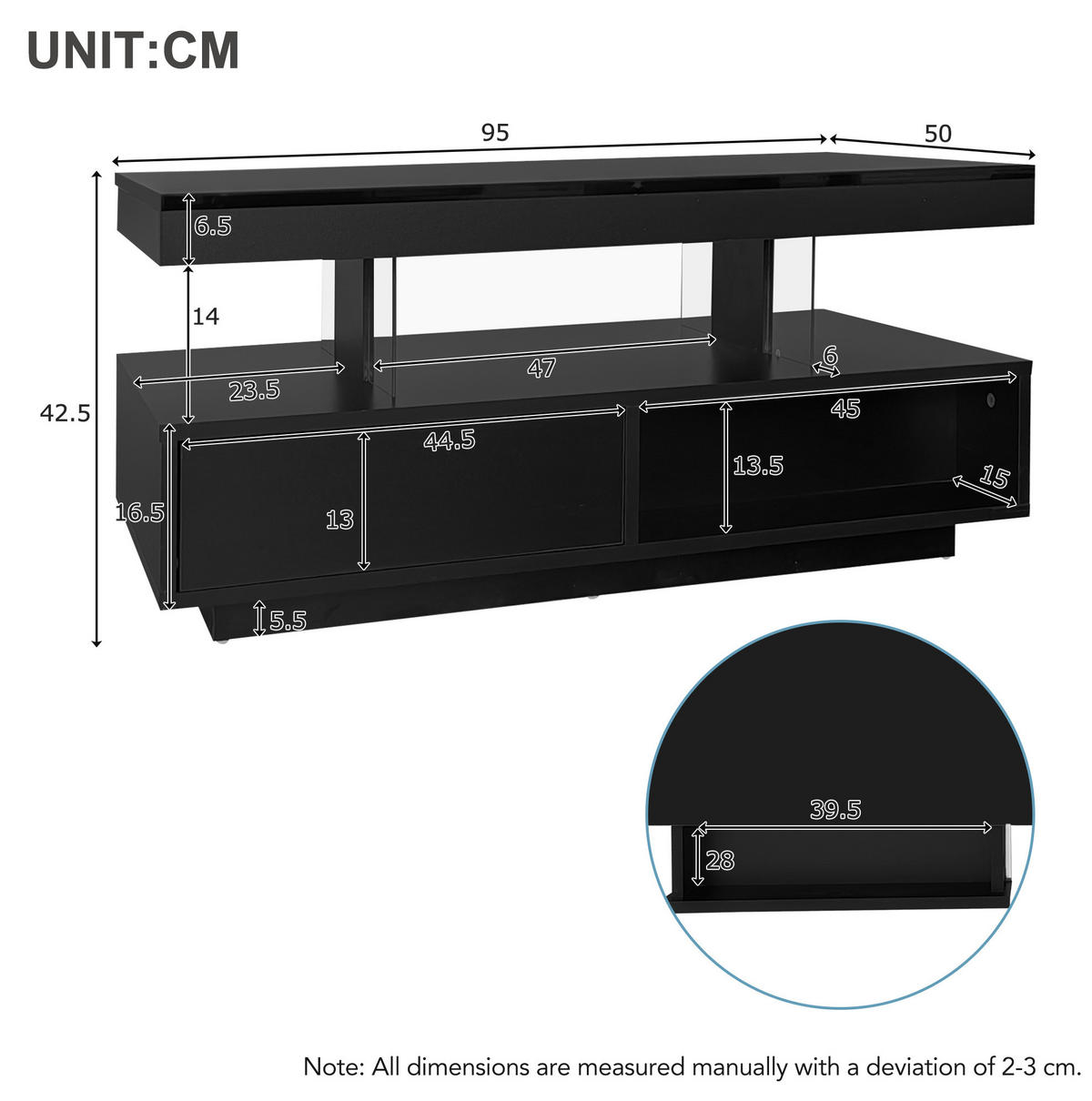 COUCHTISCH 95/50 cm mit 2 Schubladen, 2 offenen Fächern und LED-Beleuchtung - Schwarz, Holzwerkstoff (95/50/42.5cm) - BEAOK