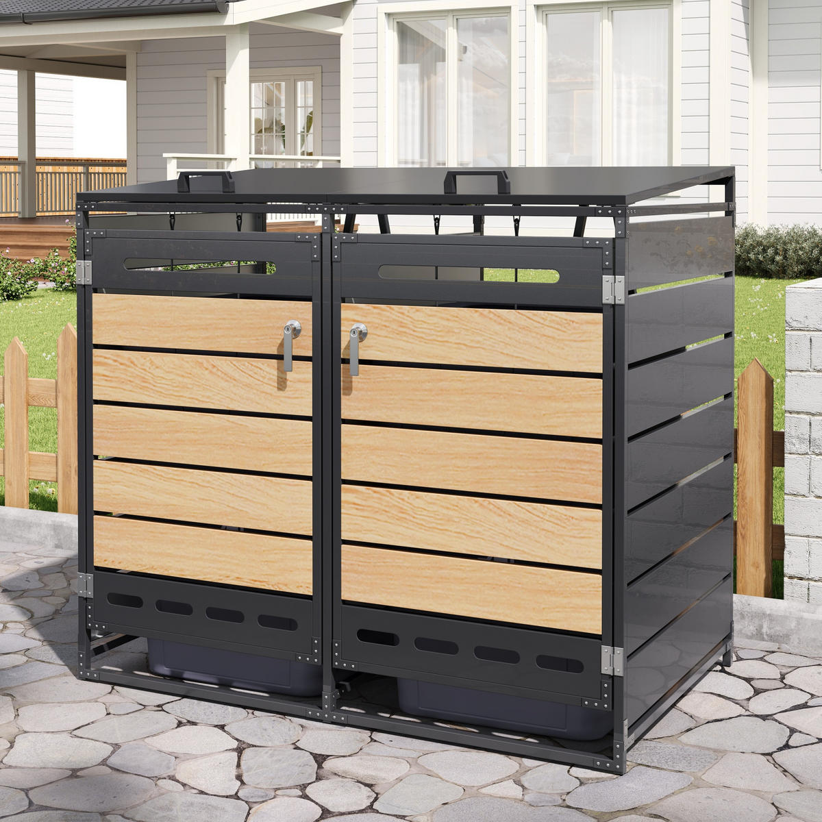 MÜLLTONNENBOX Hydraulik Deckel Holzoptik horizontal Schloss - Schwarz, Metall (131/116/79cm) - LEBENLANG
