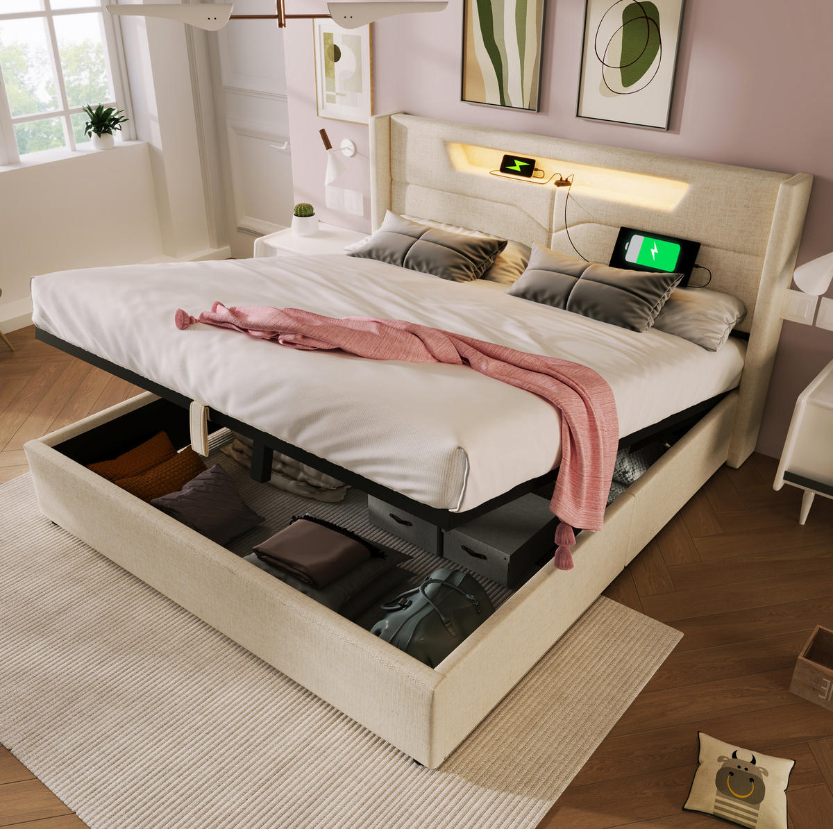 POLSTERBETT aus Leinen 140/200 cm mit LED-Beleuchtung, USB- und Type-C-Anschluss sowie Bettkasten und Matratze ，Beige - Beige, Textil (140/140cm) - Redom