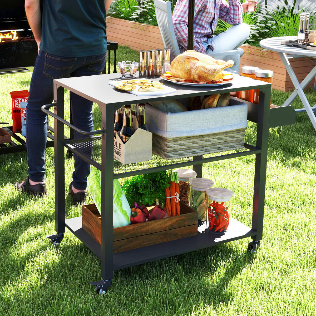 GRILLWAGEN 3-Etagen mit Arbeitsfläche - Schwarz, Metall (50/79/105cm) - Outsunny