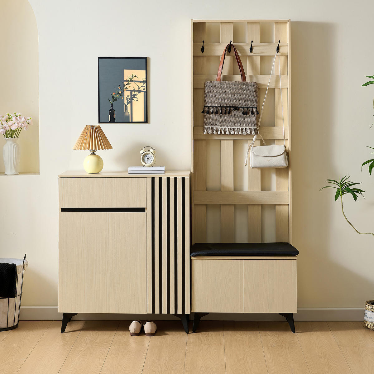 GARDEROBE Set Sitzbank Schuhschrank Sideboard Modern Flur Weiß - Naturfarben, Holzwerkstoff (60/179.5/35cm) - FLIEKS