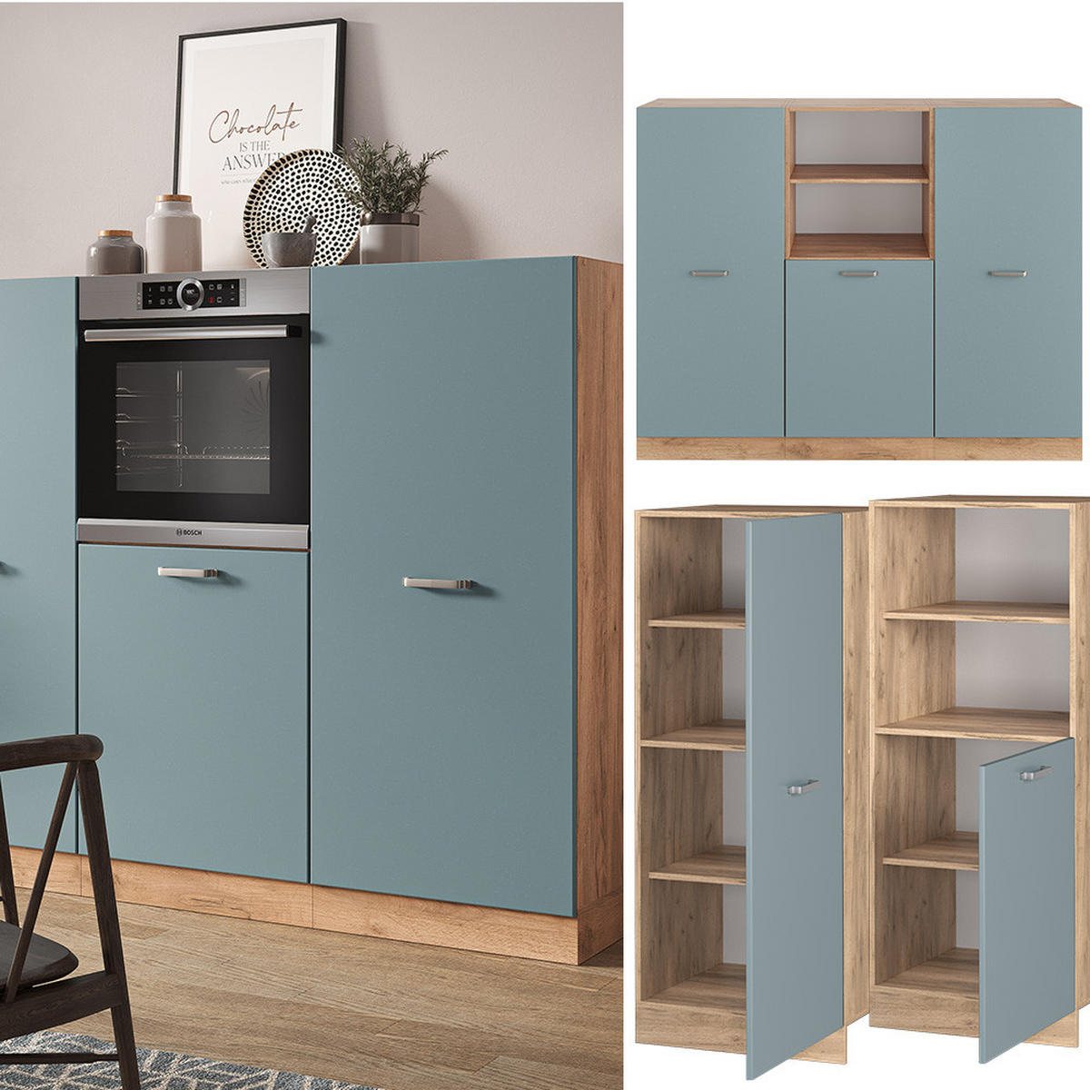 EINBAUKÜCHE R-Line Blau-Grau/Goldkraft Eiche 180 cm ohne AP - Honigeiche/Blaugrau, Holzwerkstoff (180/81.6/46cm) - Vicco