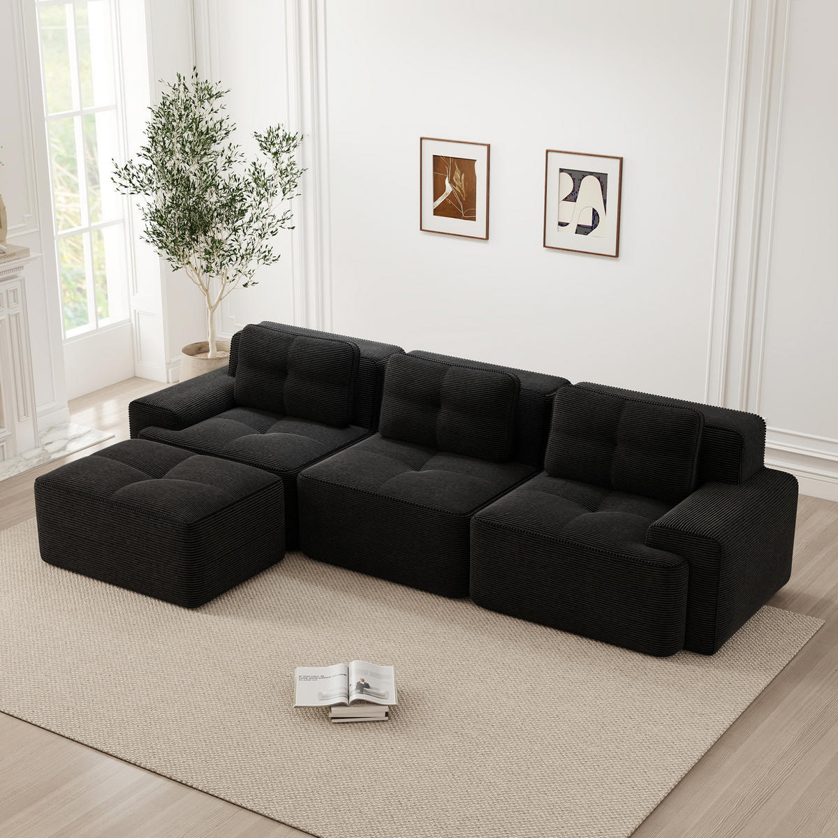 SOFA modular mit Tiefsitz Cord Black montagefrei - Schwarz, Kunststoff (177/293cm) - Meubliv
