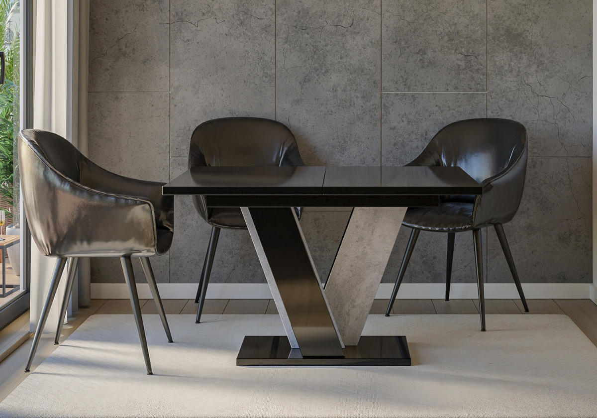 ESSTISCH Ausziehbar 120 - 160 cm Schwarz Hochglanz und Betonoptik - Schwarz Hochglanz/Grau, Holzwerkstoff (120/90/75cm) - PROSPERO