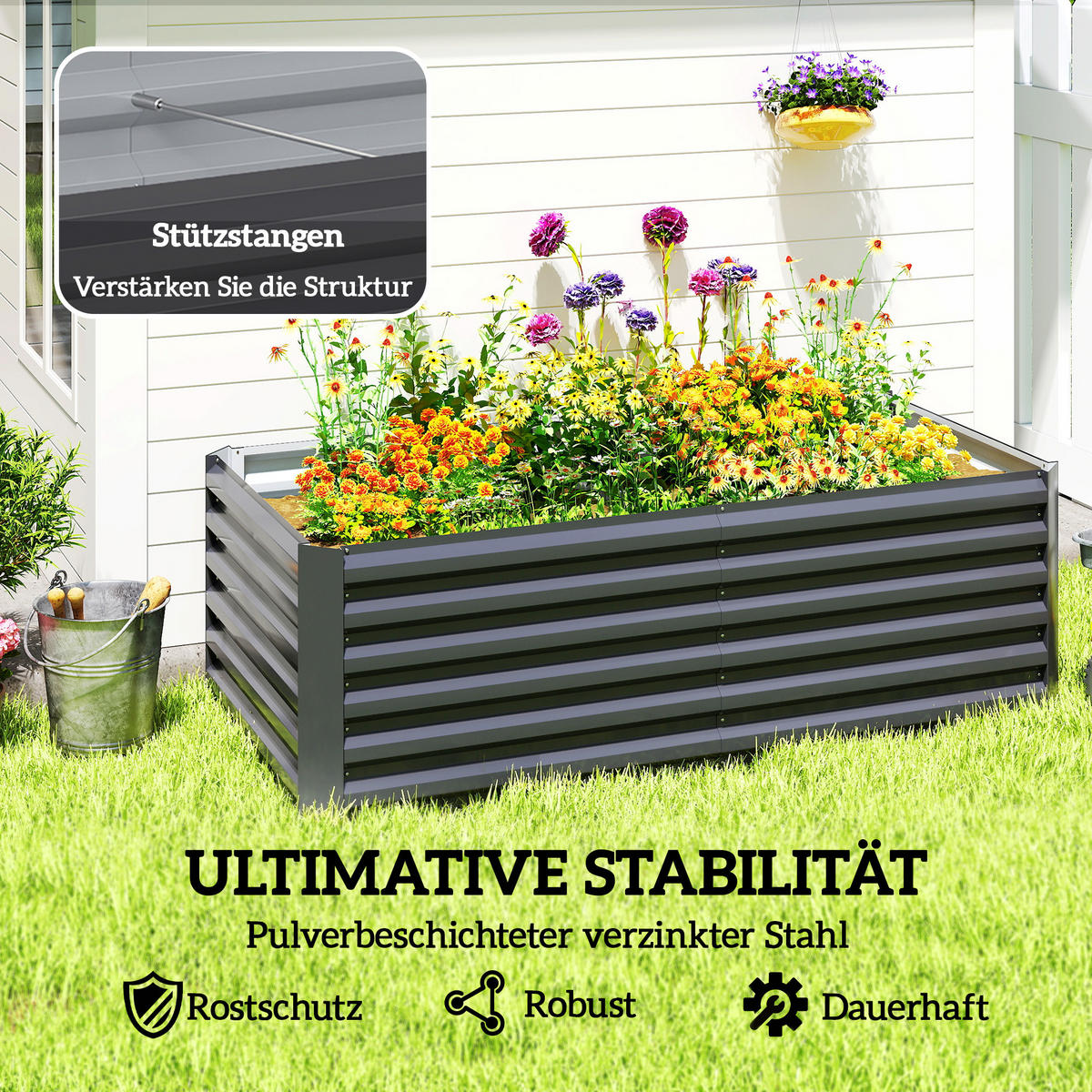 HOCHBEET Metall 180 x 90 x 57,5 cm Tief Gartenbeet mit Offenem Boden Stützstange - Dunkelgrau, Metall (90/57.5/180cm) - Outsunny