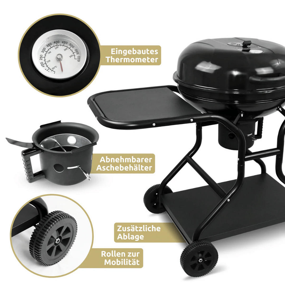 KUGELGRILL Holzkohle EUGEN BBQ Grill Holzkohlegrill Schwarz - Schwarz, Metall (132/90/62cm) - DELUKE