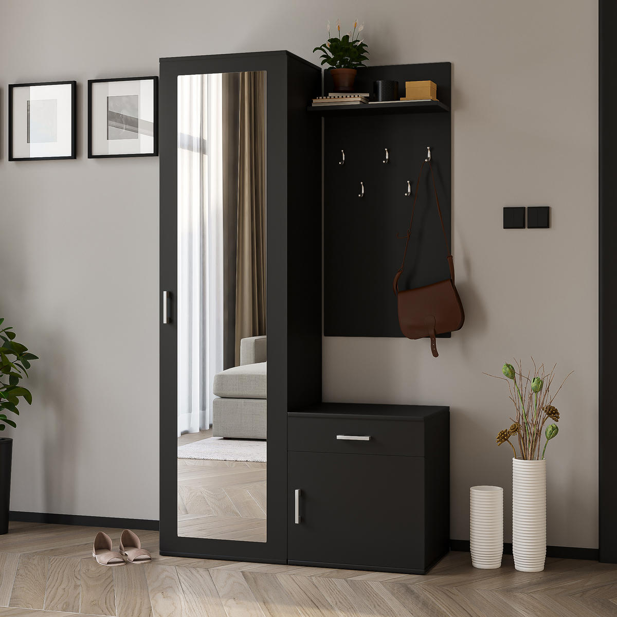 GARDEROBENSCHRANK VENTO 100/180,5/35 cm Modern Garderobe-Set Schwarz - Schwarz, Holzwerkstoff (100/180.5/35cm) - MASSENO