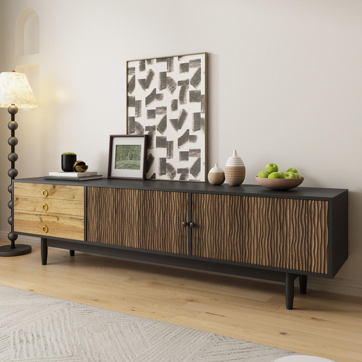 LOWBOARD in Schwarz und Naturfarben mit Wellenmuster und Schubladen für Wohnzimmer, B180/T38/H50 cm - Schwarz/Naturfarben, Holz/Holzwerkstoff (180/50/38cm) - STILVORA