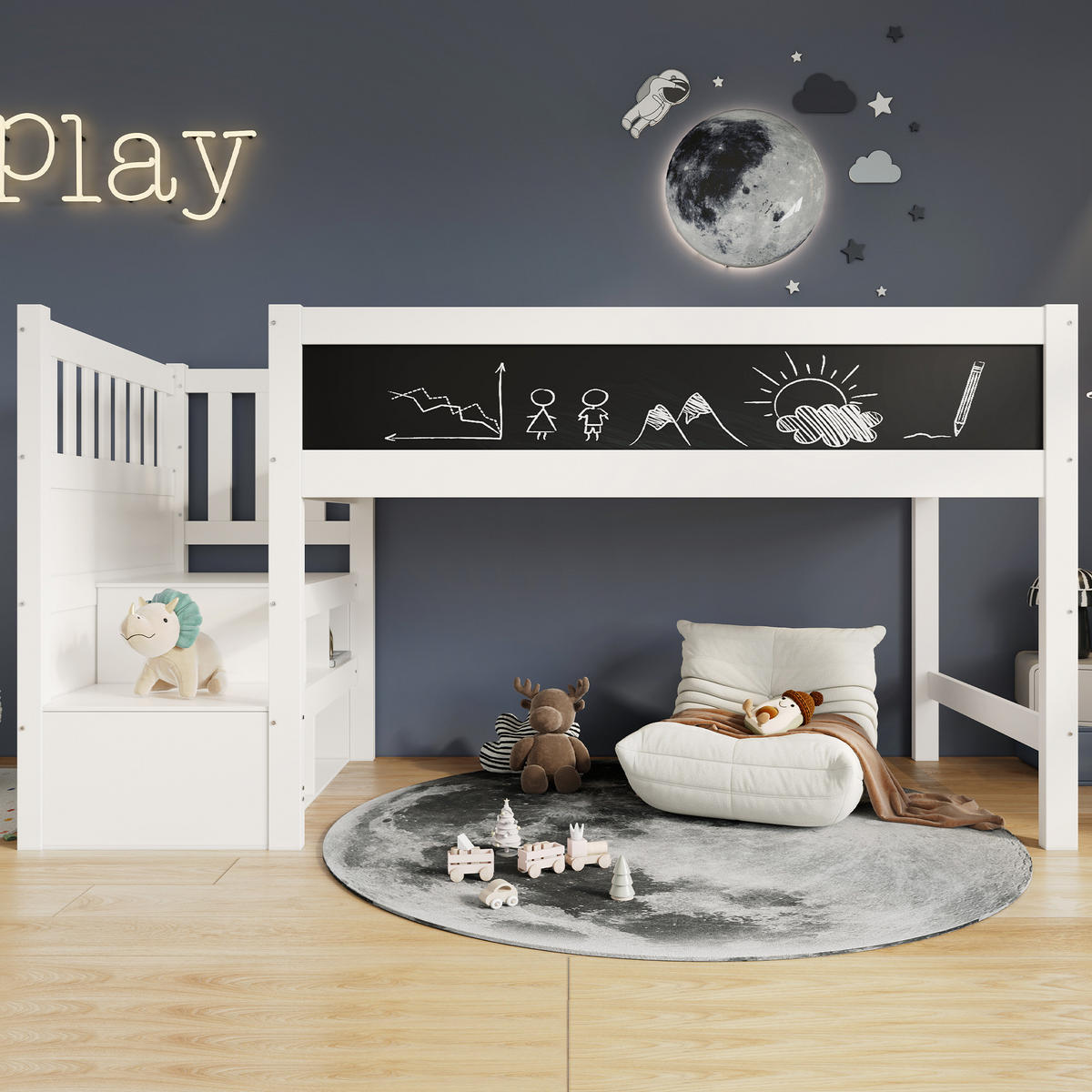 HOCHBETT aus Massivholz und MDF 90/200 cm mit Tafel, Stauraumtreppe und Rausfallschutz, Weiß - Weiß, Textil - Redom