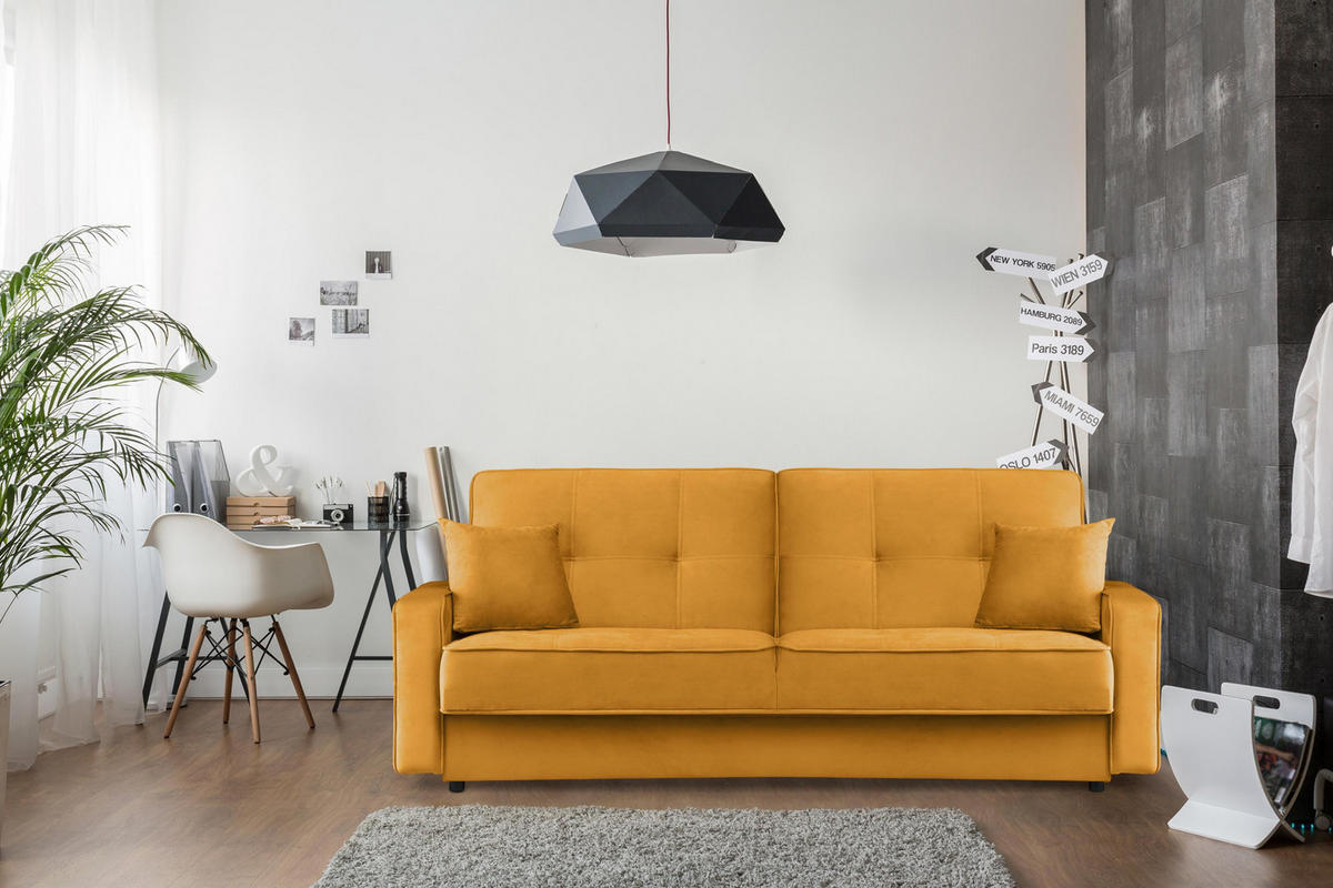 SCHLAFSOFA ORIO 3 Personen, Velours-Stoff, Gelb - Gelb, Textil (219/90/90cm) - KONSIMO®