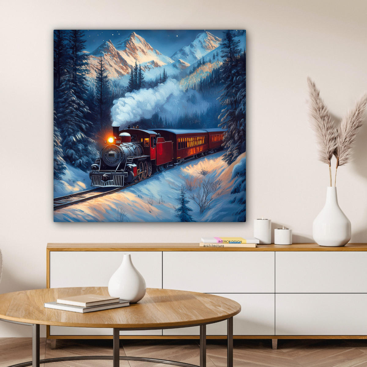 LEINWANDBILD Zug - Weihnachten - Schnee - Weihnachtszug 90x90 cm - Anthrazit, Textil (90/90cm) - MuchoWow