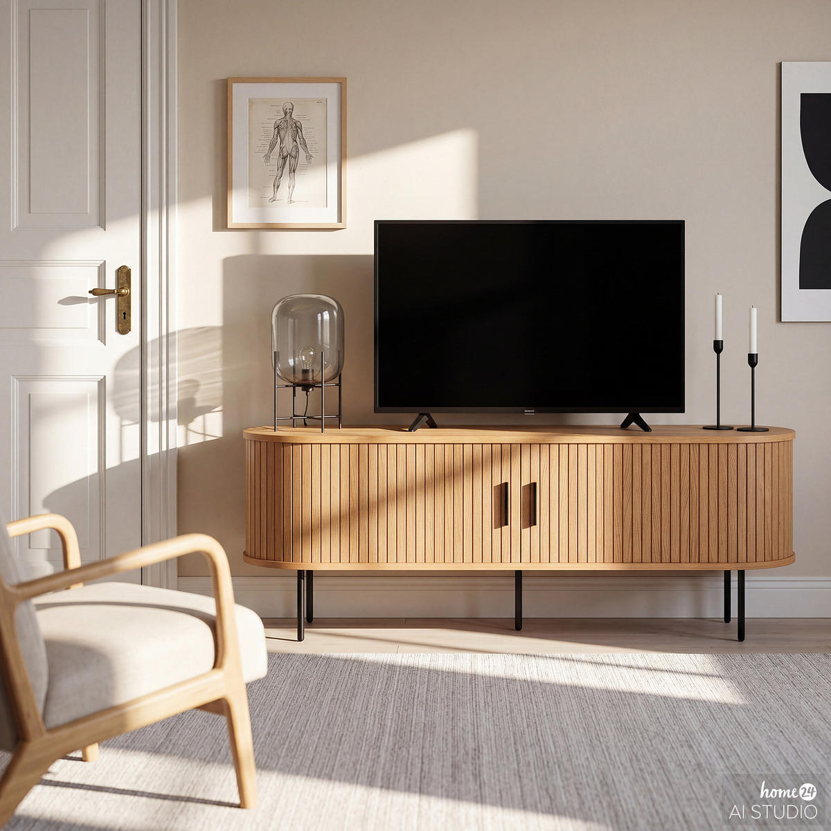 TV-LOWBOARD - Echtholzfurnier - Eichefarben/Schwarz, Holzwerkstoff/Metall (150/55/40cm) - home24