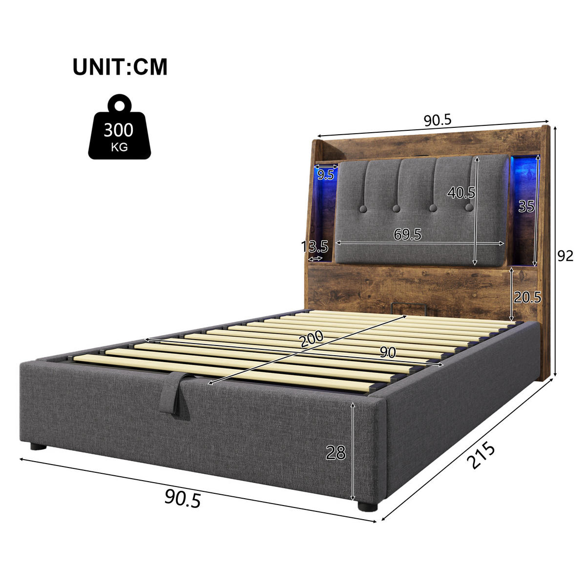 POLSTERBETT 90/200 cm Grau aus Leinen und MDF mit LED-Beleuchtung - Grau, Textil (90/200cm) - OKMYHOME