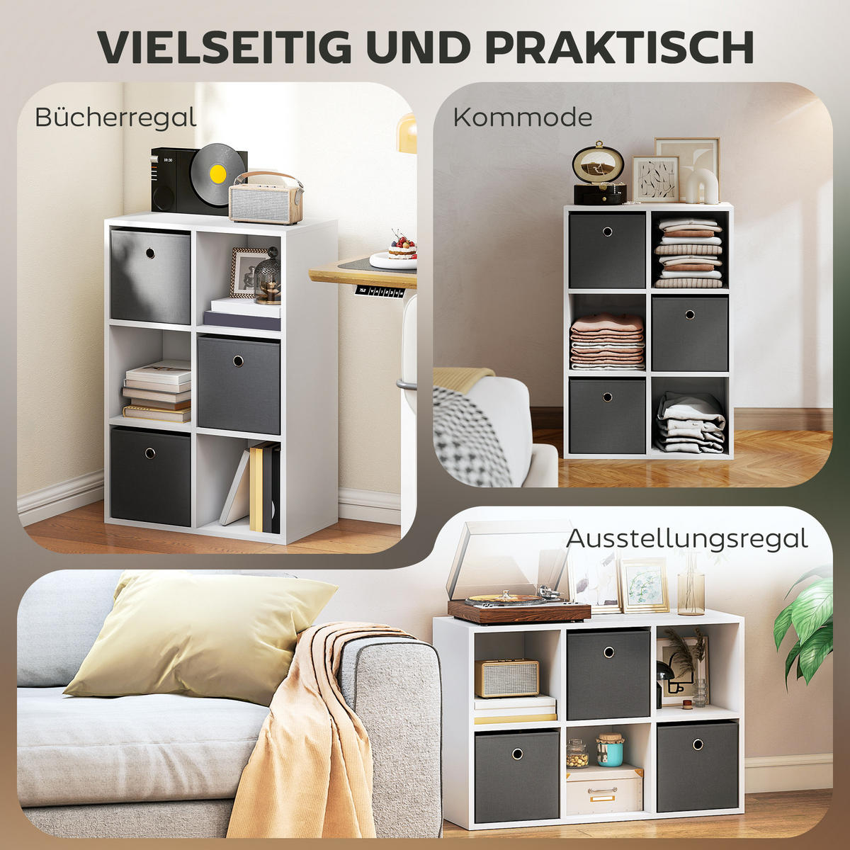 BÜCHERREGAL Bücherschrank mit 3 Stoff-Schubladen, Standregal mit offenen Regalen - Weiß, Holzwerkstoff/Textil (30/79.8/53.7cm) - HOMCOM