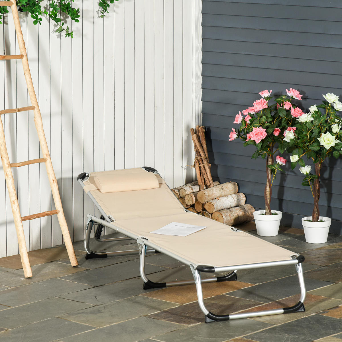 GARTENLIEGE mit 4-stufig verstellbaren Rückenlehne, Beige - Beige, Textil/Metall (60/19.5/80cm) - Outsunny