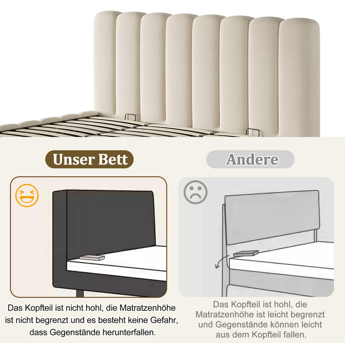 POLSTERBETT aus Samt 180x200 cm Beige mit hydraulischem Bettkasten und Lattenrost - Beige, Textil (180/200cm) - Modfu