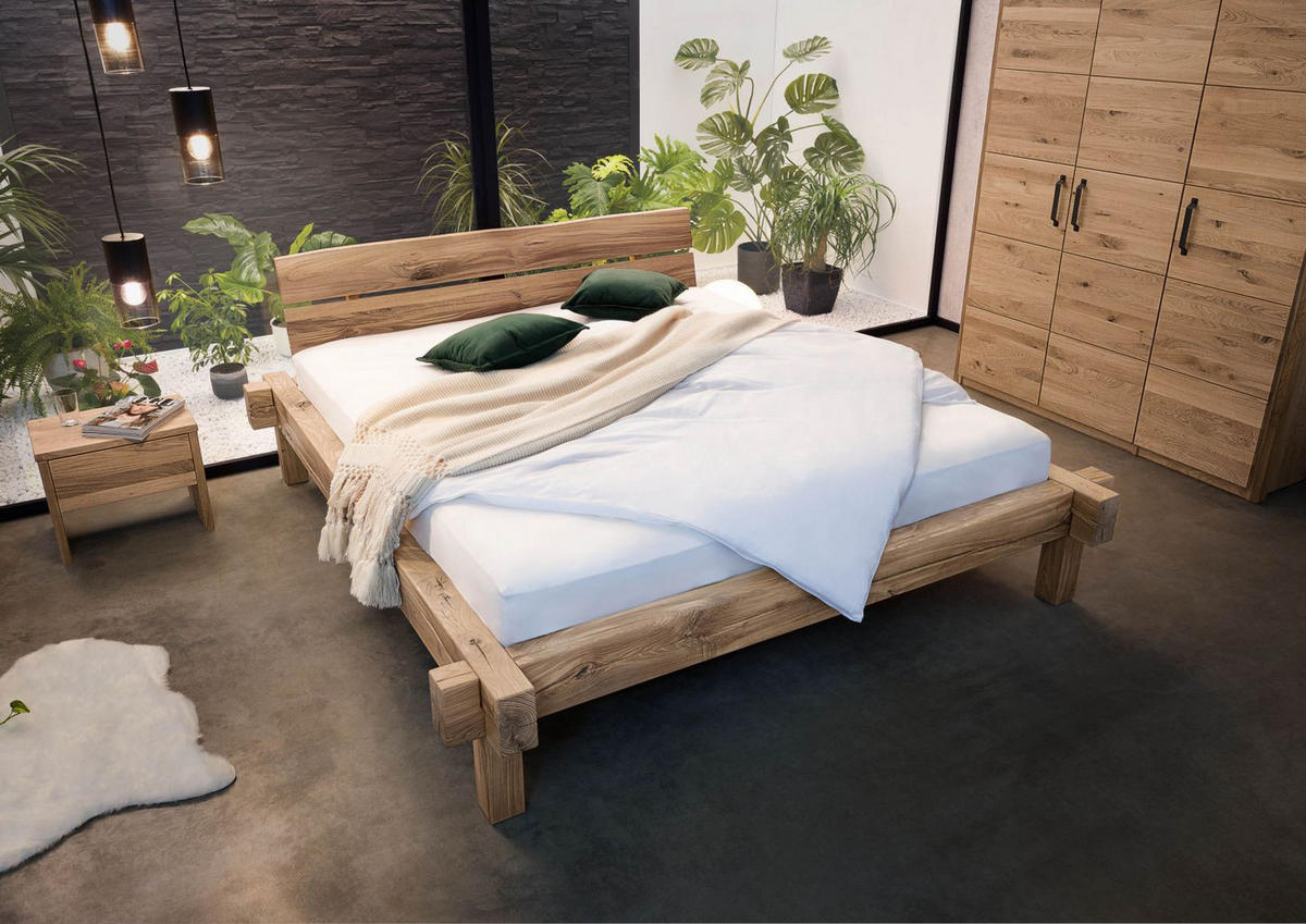 BETT Massivholz Wildeiche 200 x 200 x 85 beige BALKENMÖBEL #113 - Beige, Holz (200/200cm) - Massivmoebel24