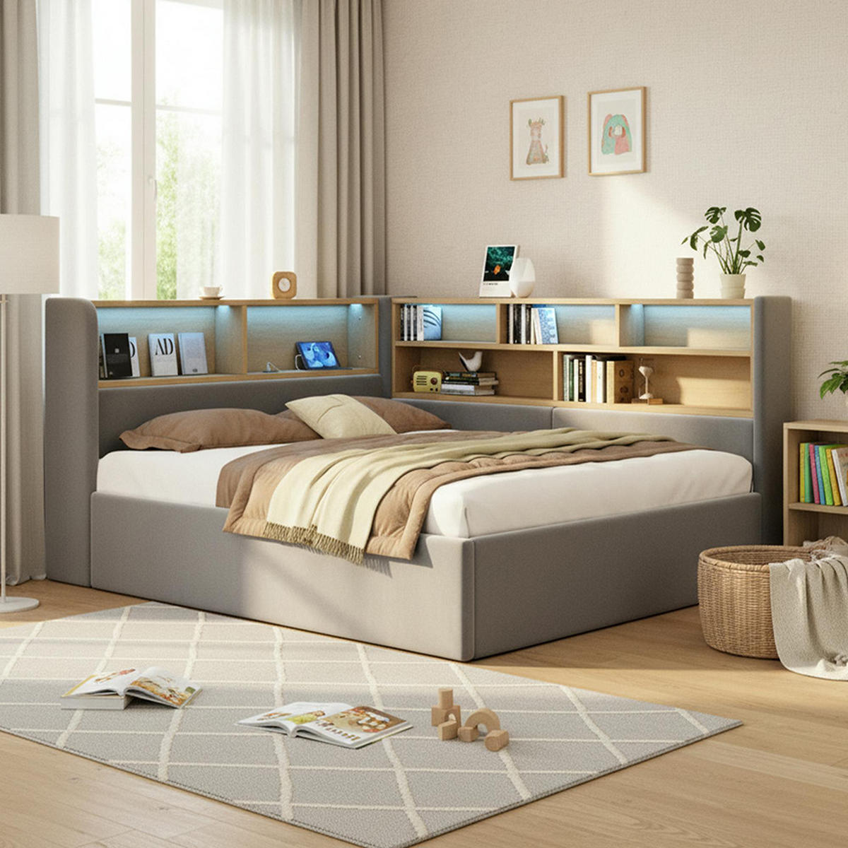 POLSTERBETT 140×200cm mit LED in Grau - Grau, Textil (140/200cm) - KOMHTOM