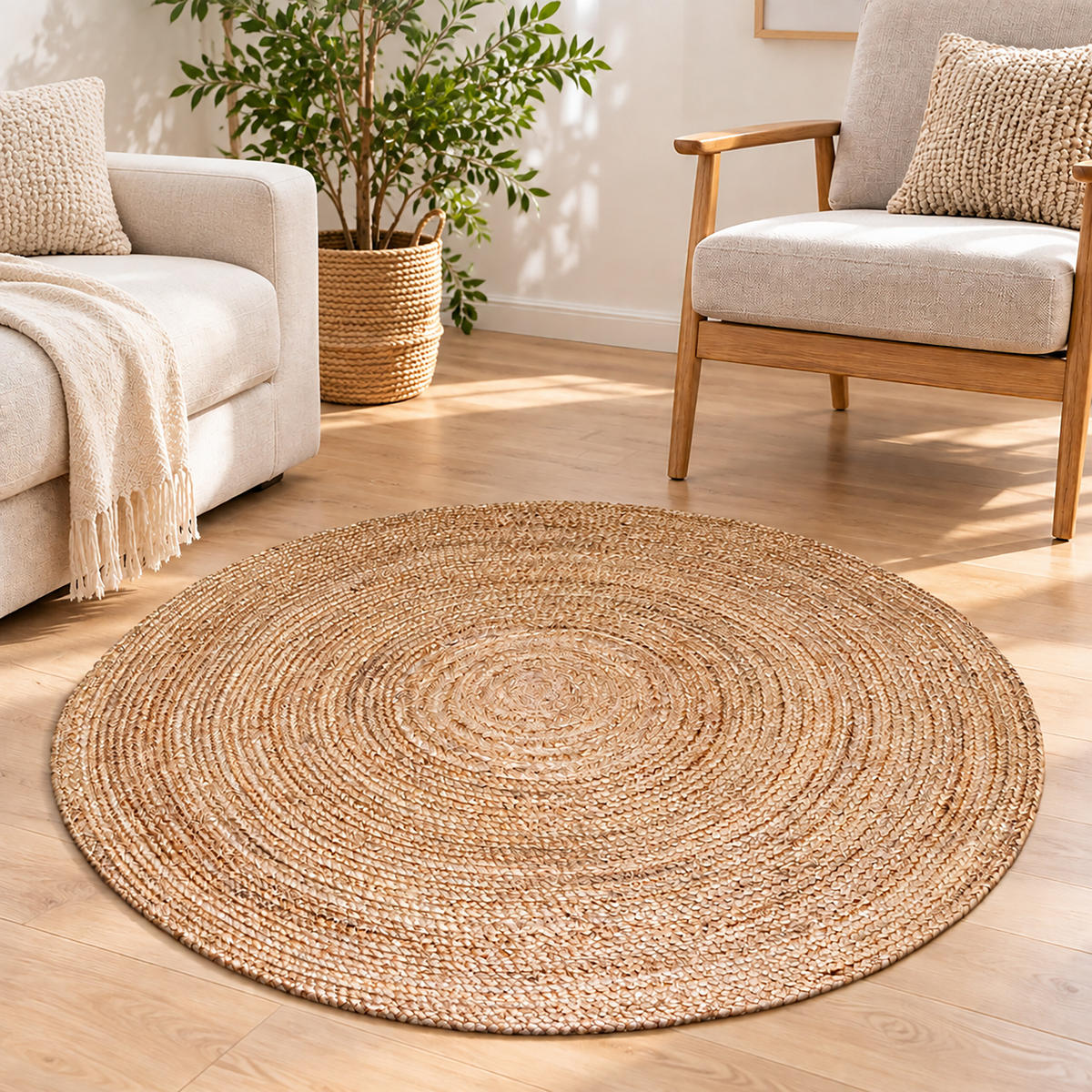 PREPROGA naravna okrogla juta ročno tkana 90 cm - bež, tekstil (90/90cm) - Relaxdays