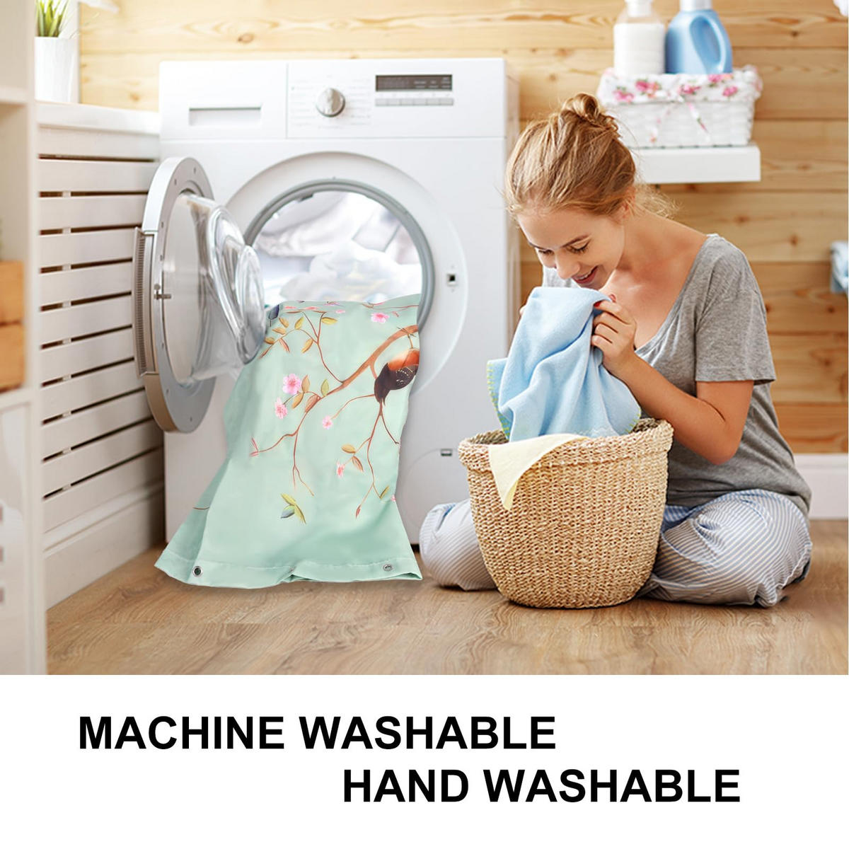 DUSCHVORHANG schimmelresistent 100% Polyester Badezimmer wasserdicht floral Landschaft mit Haken 180 x 180 cm - Grün, Textil (180/180cm) - MCBOSON