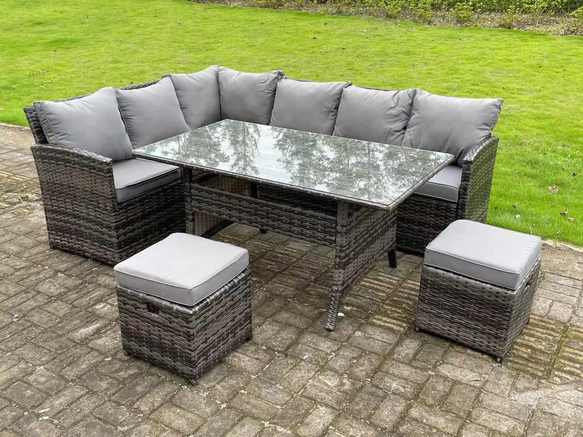 GARTENMÖBEL SET mit Rechteckiger Esstisch Polyrattan Dunkelgrau 8-Sitzer - Dunkelgrau/Grau, Glas/Kunststoff - Fimous