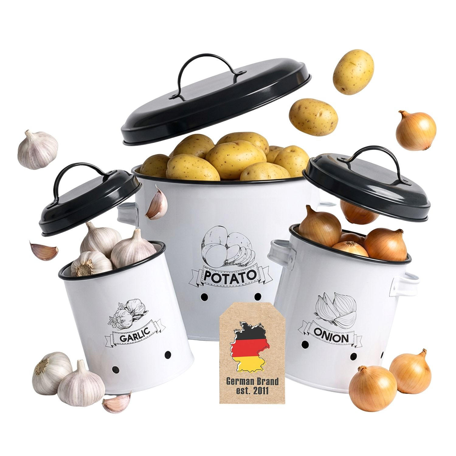 VORRATSDOSEN SET mit Deckel und Beschriftung (3-tlg.) - Weiß, Metall - Intirilife