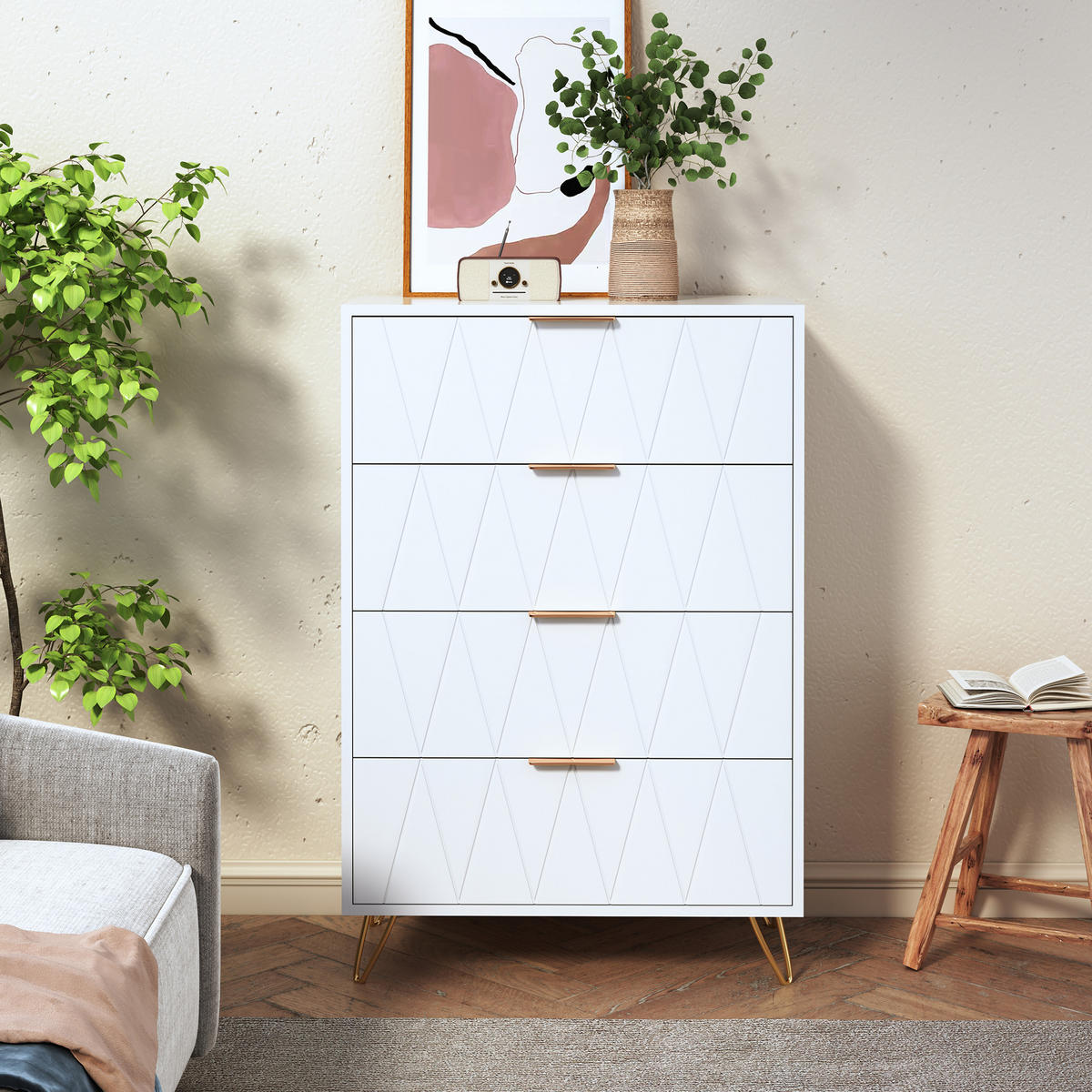 KOMMODE 4 Schubladen Metallrahmen Stauraum weiß - Weiß, Holz (34/90/60cm) - Fortuna Lai