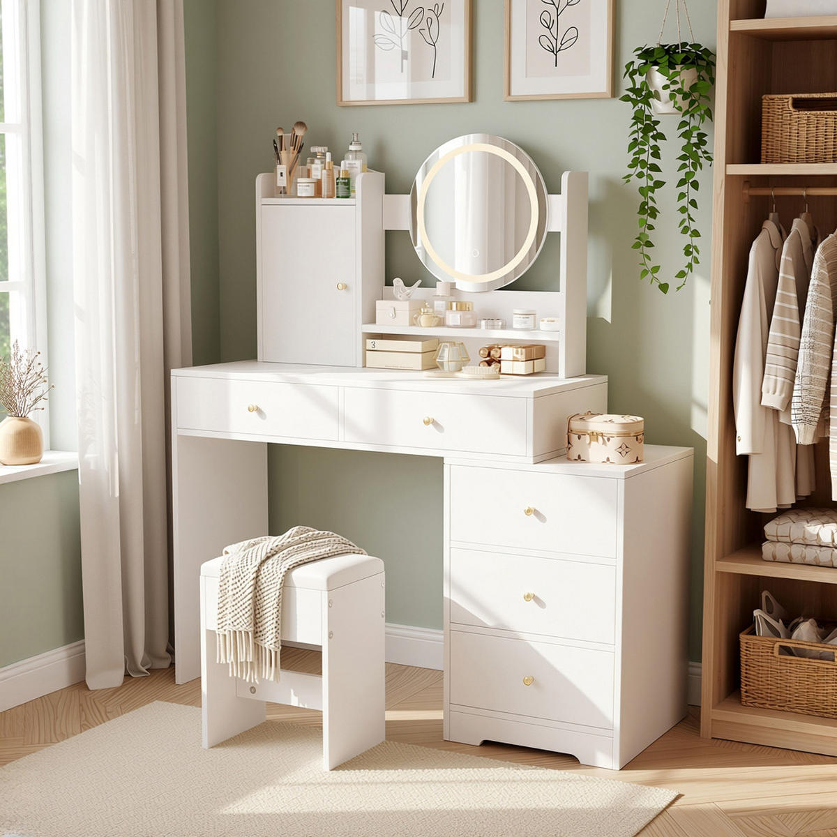 SCHMINKTISCH-SET mit LED-Beleuchtung & Hocker Weißer 90×40×132 cm - Weiß, Glas/Holzwerkstoff (90/132/40cm) - Urban Meuble