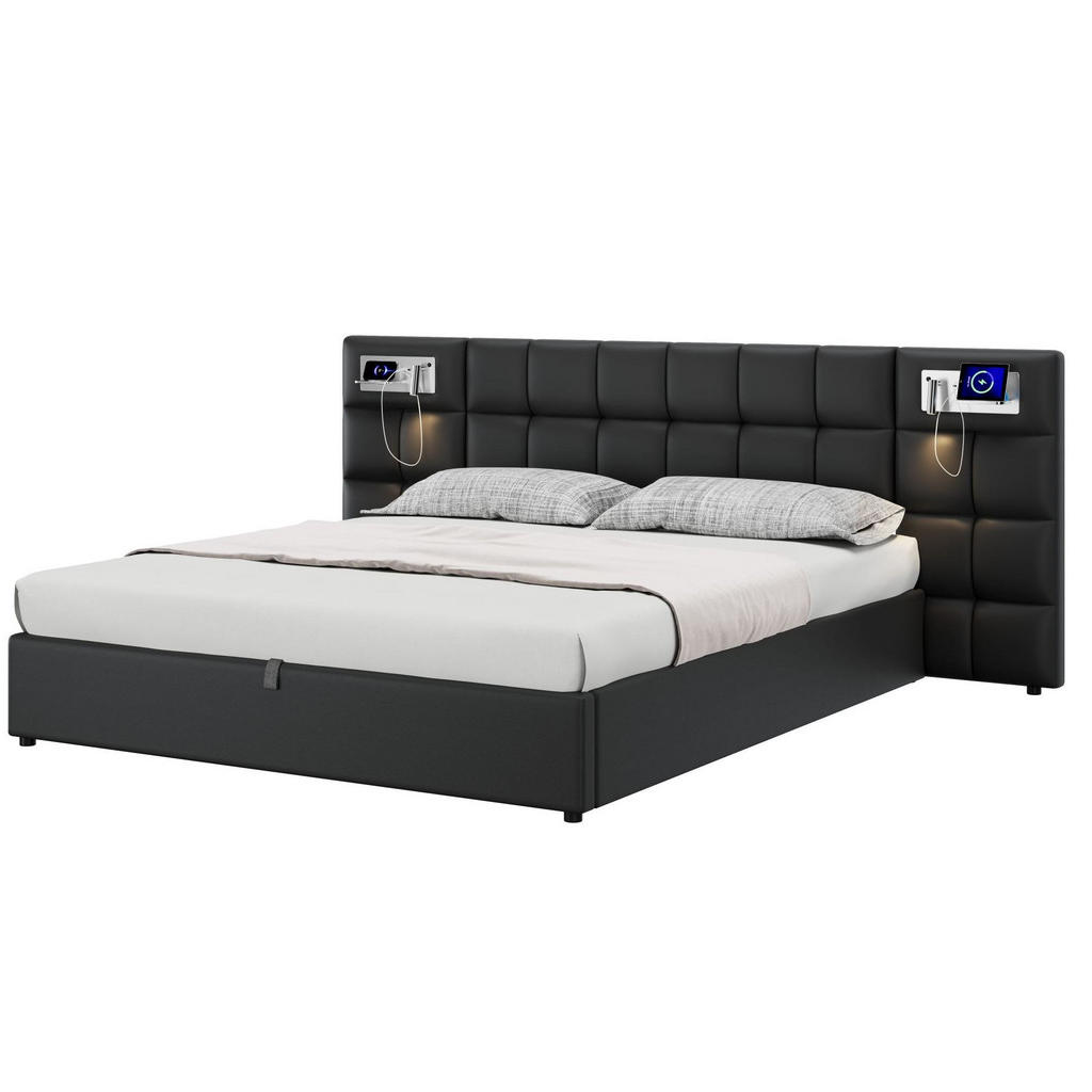 Modfu ČALOUNĚNÁ postel z PU 180x200 cm černá s USB portem, bezdrátovým nabíjením, osvětlením a úložným prostorem