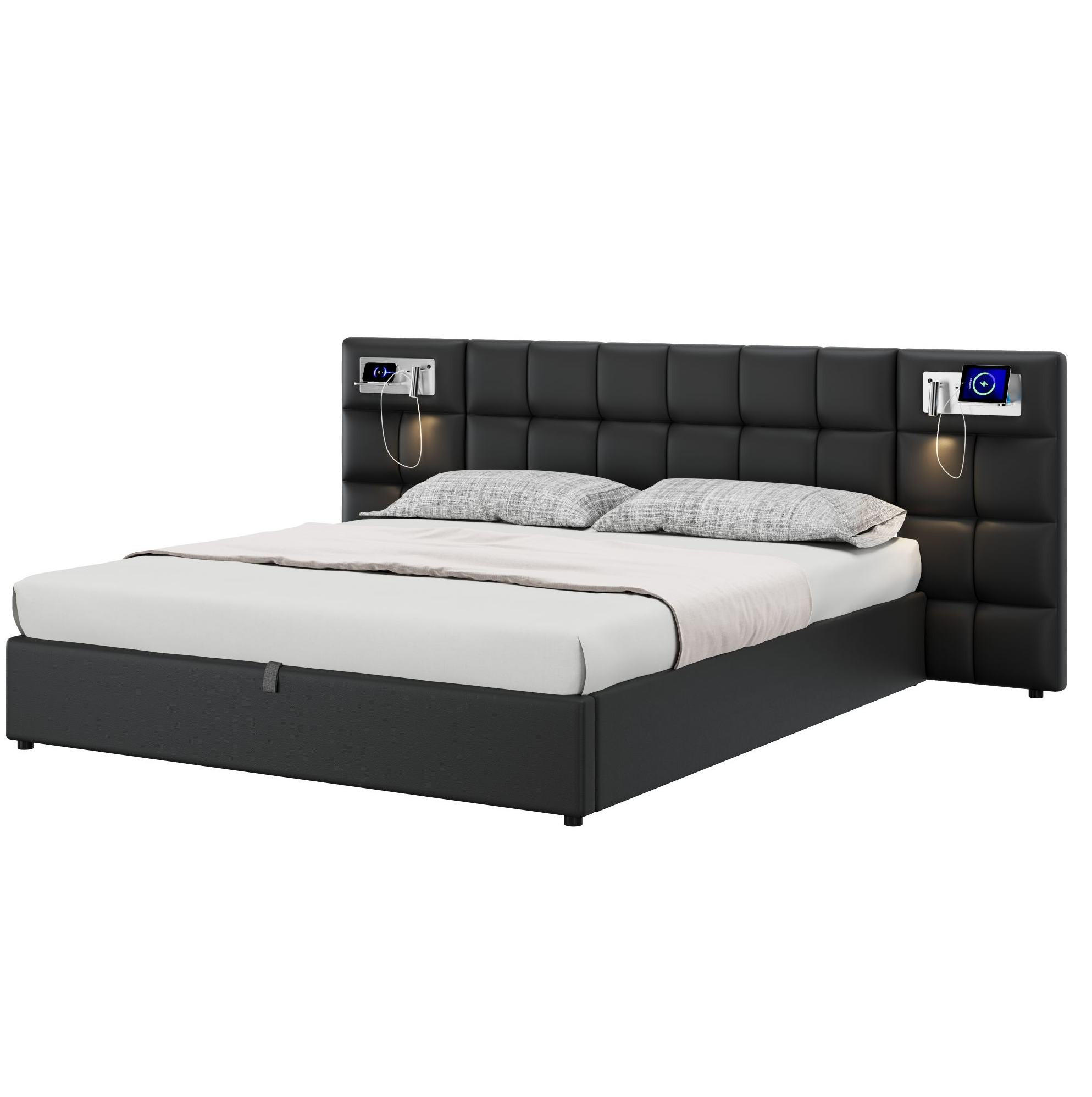POLSTERBETT aus Kunstleder 180x200 cm in Schwarz mit USB & Wireless Charging - Schwarz, Leder (180/200cm) - Modfu