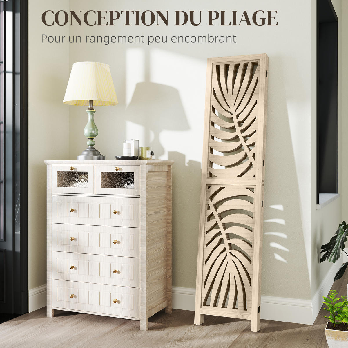 PARAVENT DE-14293 4-teilig, abnehmbare Segmente, Palmblatt-Motiv Natur - Naturfarben, Holz (160/170/1.7cm) - ComfortXL