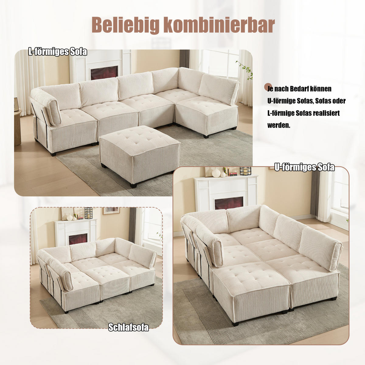 ECKSOFA 308/154/81.99 cm Beige aus Cord mit Seitentaschen - Beige, Textil (70/77cm) - OKMYHOME