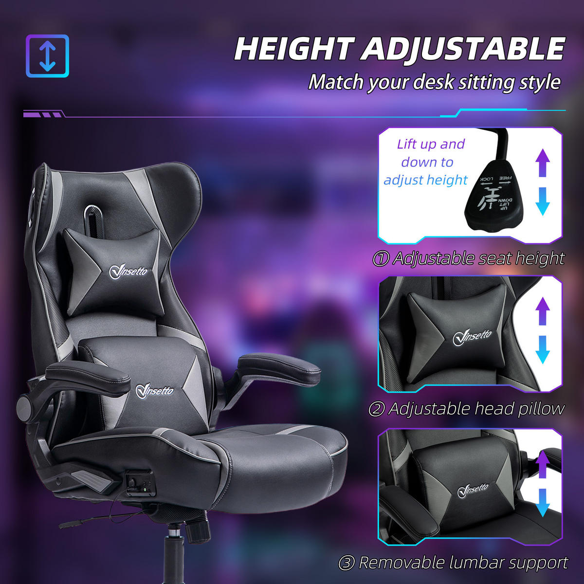 GAMING Stuhl mit Wippen- und Schkelfunktion, ergonomischer Computerstuhl - Grau, Leder (73/118/69cm) - Vinsetto