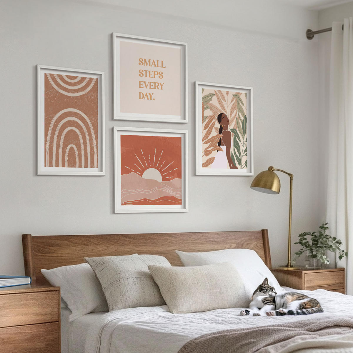 BILDER SET 4er Set - 50x50 cm & 40x60 cm Weißer Rahmen - abstrakte Formen im Boho-Stil - Weiß, Kunststoff (50/50cm) - TULUP