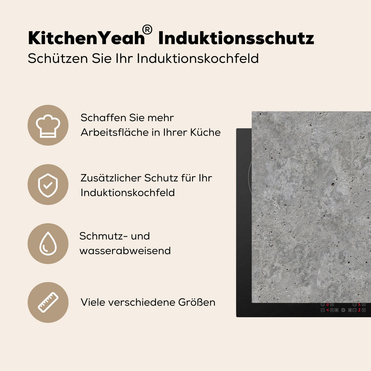 HERDABDECKPLATTE Beton - Schiefer - Grau - Struktur aus Beton Ceranfeldabdeckung 59x52 cm - Hellgrau, Kunststoff (59/52/0.2cm) - MuchoWow