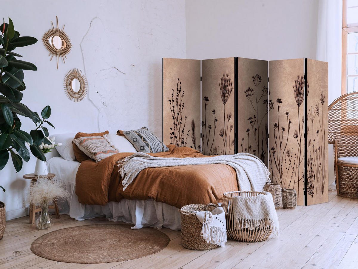PARAVÁN Obojstranný 5-dielny 225x172 cm Divoké Rastliny Retro - hnedá, drevo/textil (225/172/3cm) - Muralo