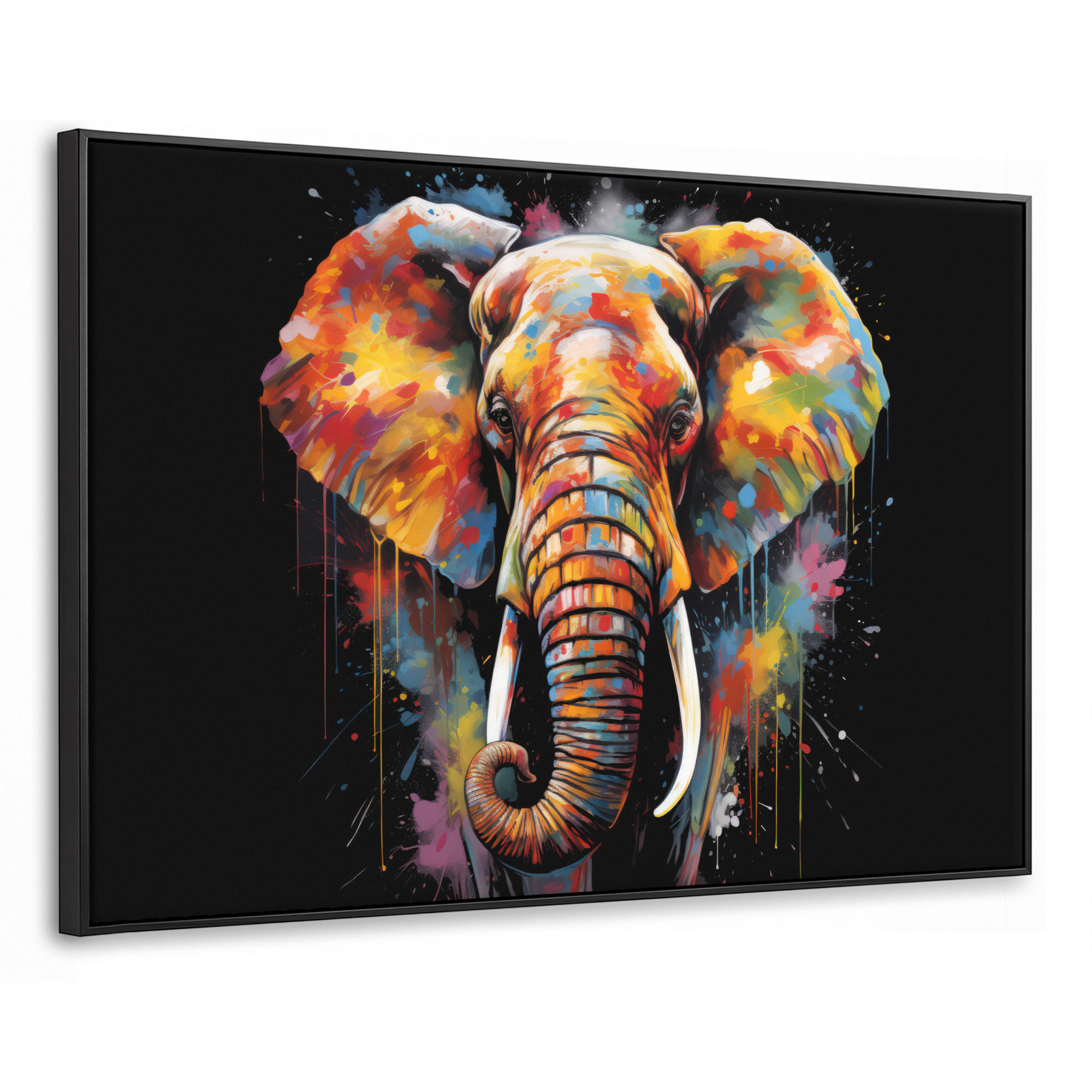 LEINWAND Bilder mit Rahmen - Elefant - Graffiti - Schwarz - Tiere - Farben - 90x60 - Schwarz, Textil (90/60cm) - MuchoWow